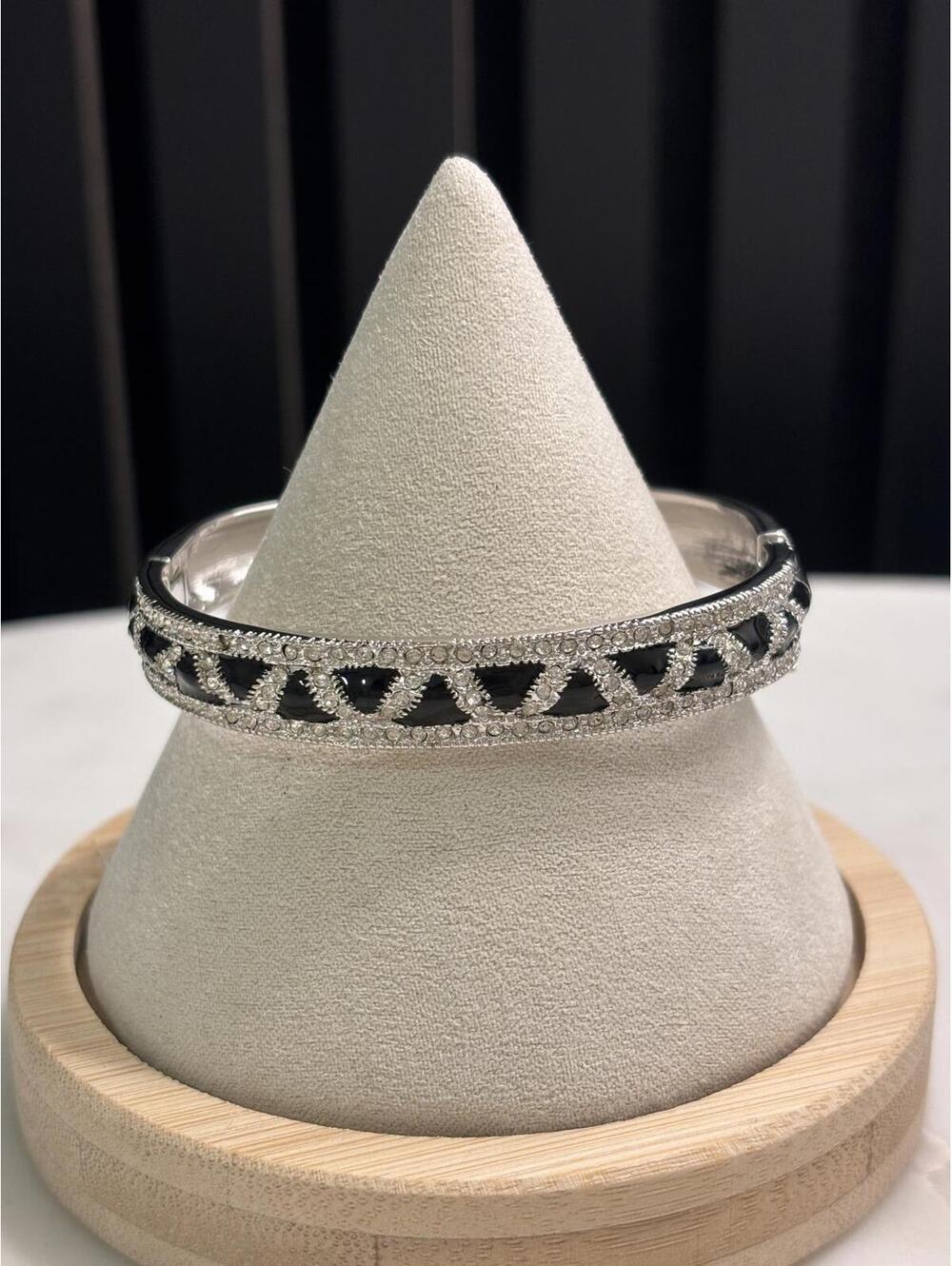 Lauren G Adams Silver Tone Bangle Bracelet with Black and Clear Detailing